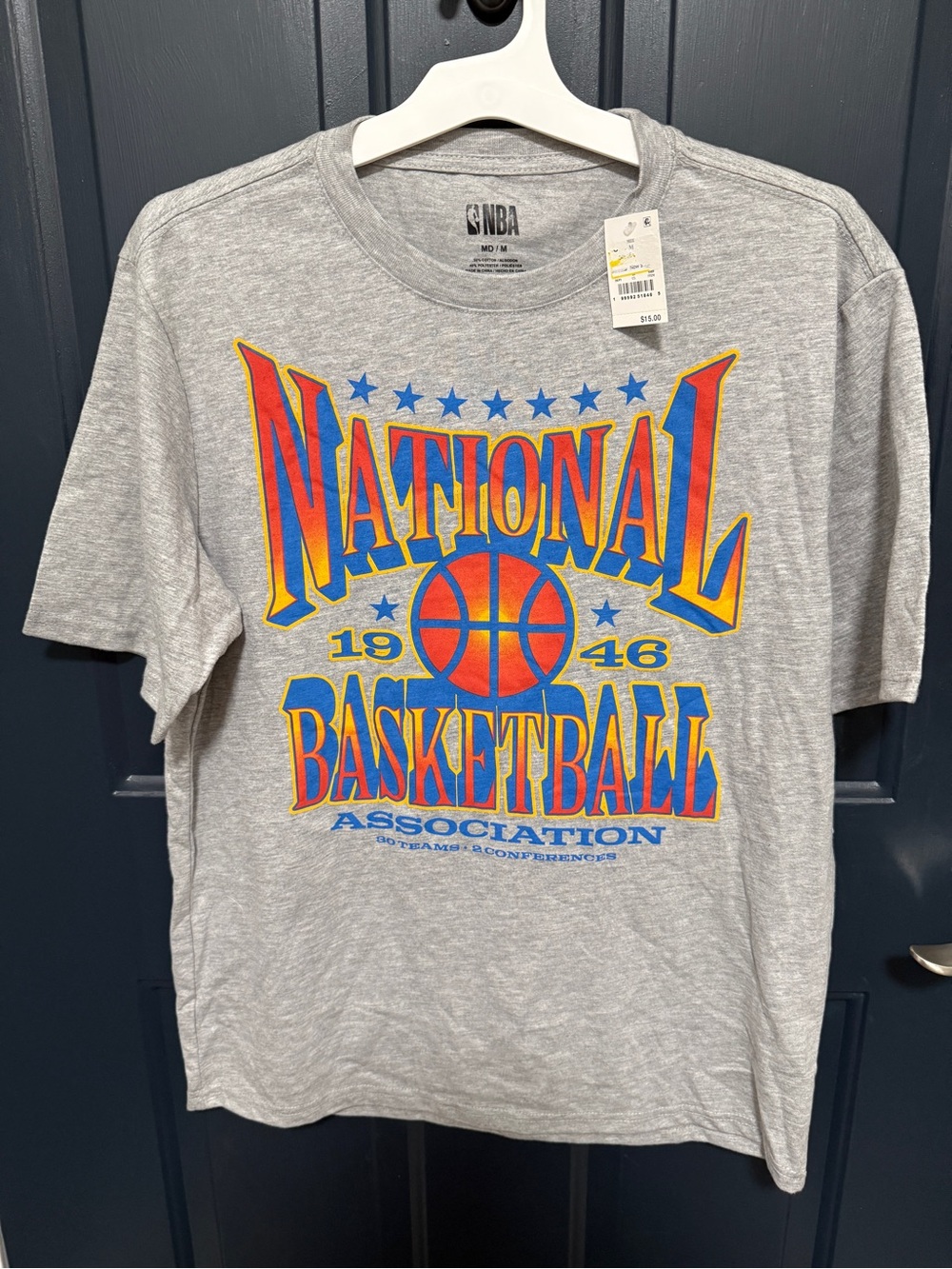 NBA Gray Tee with Red, Yellow & Blue Vintage Basketball Graphic